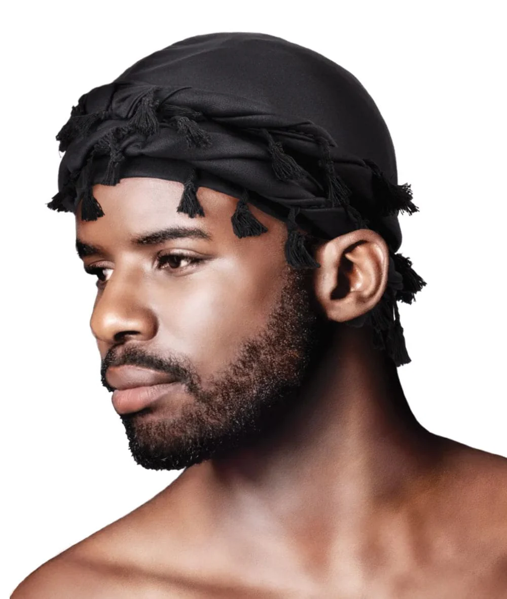 Annie Mr.Durag Silky Spandex Crown Turban With Tassel L/XL [Black] #4352 - Image 2