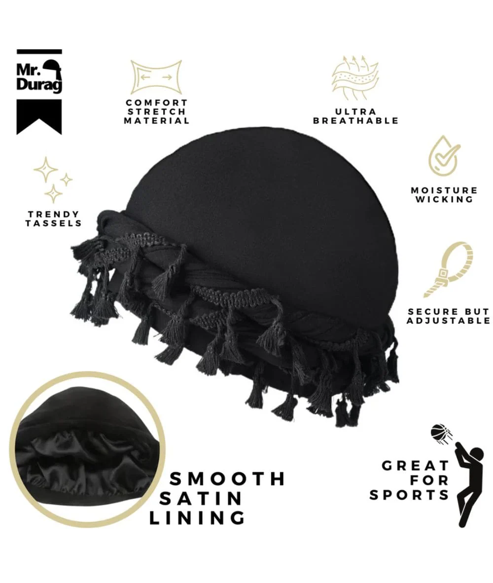 Annie Mr.Durag Silky Spandex Crown Turban With Tassel L/XL [Black] #4352 - Image 3